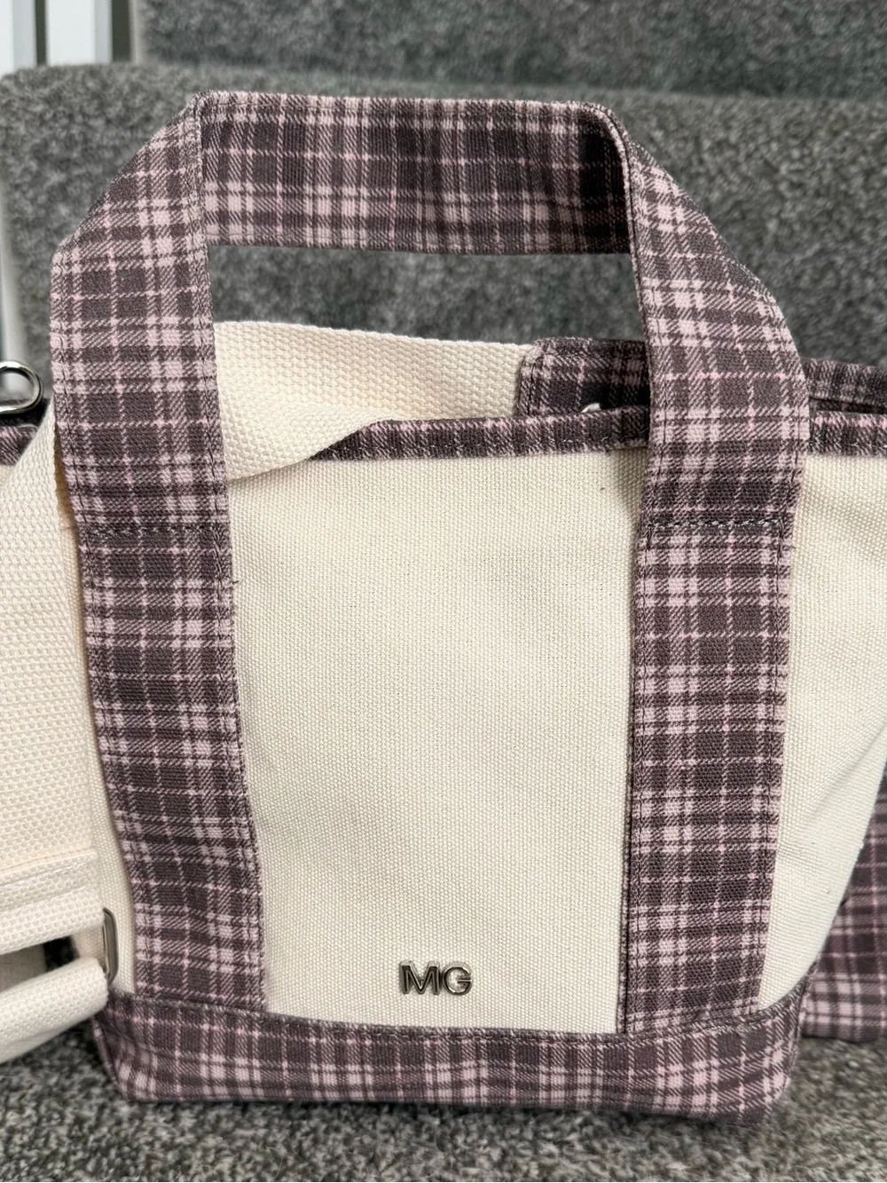 Madden Girl Brown Plaid Tote with Cream Panels & Plush Pony Charm